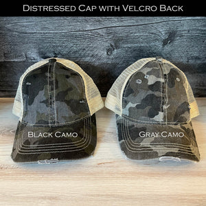 
                  
                    Distressed Camo Hat with Engraved Leather Patch | Multiple Design Options
                  
                