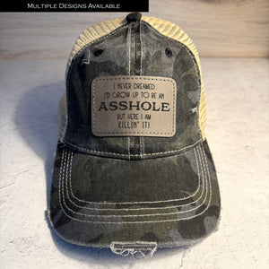 
                  
                    Distressed Camo Hat with Engraved Leather Patch | Multiple Design Options
                  
                