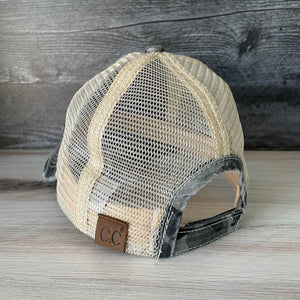 
                  
                    Distressed Camo Hat with Engraved Leather Patch | Multiple Design Options
                  
                