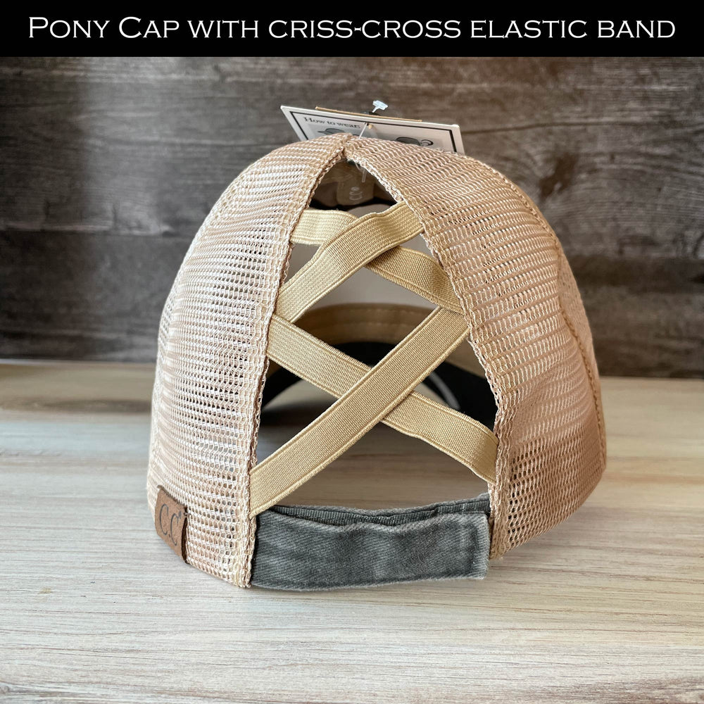 
                  
                    Mom Hair Don't Care | Women's Distressed Pony Cap with Engraved Leather Patch
                  
                