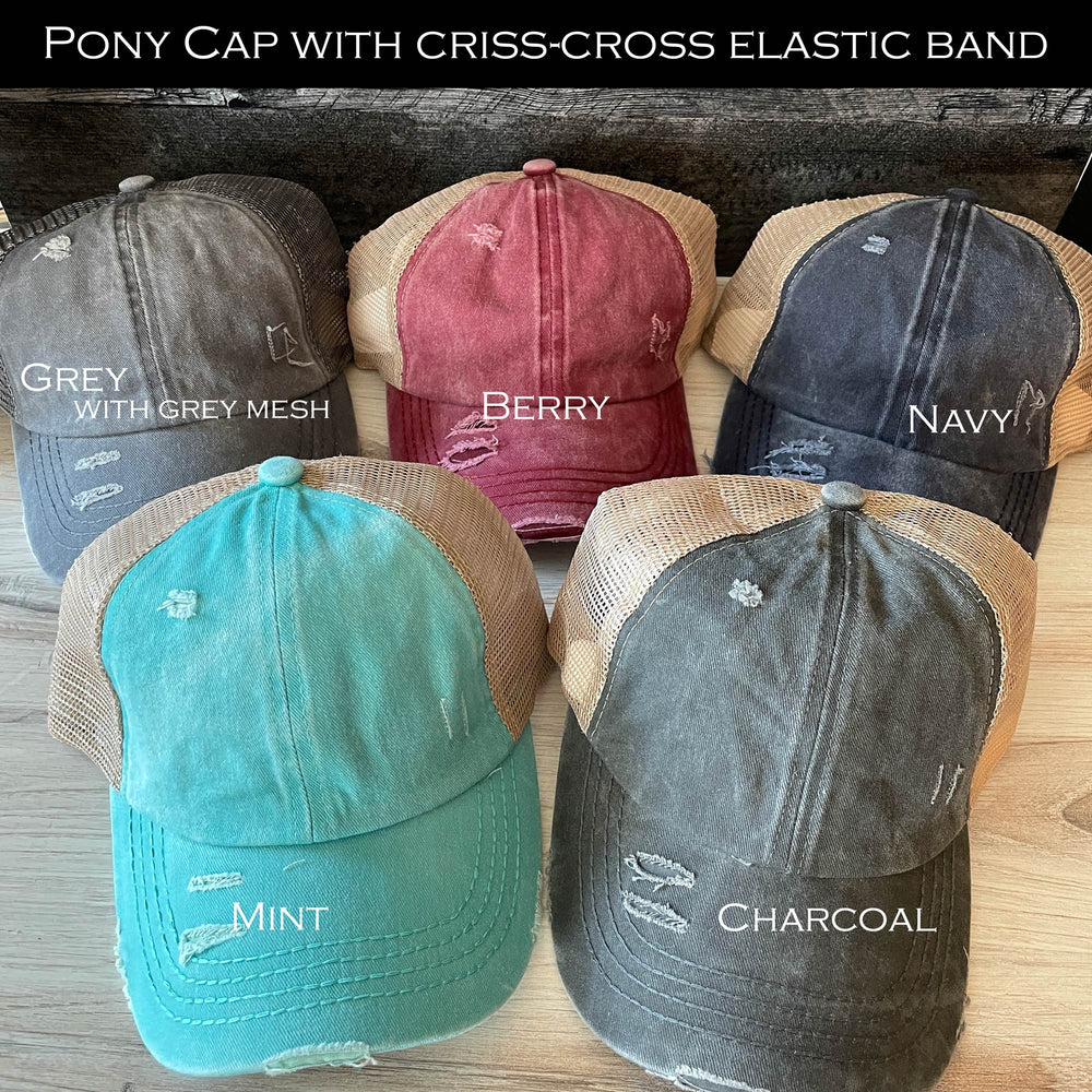 
                  
                    Certified Day Drinker | Women's Distressed Pony Cap with Engraved Leather Patch
                  
                