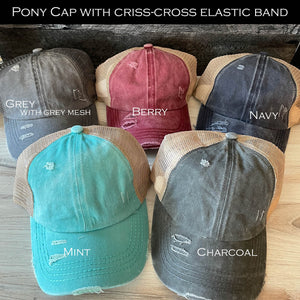 
                  
                    Mom Hair Don't Care | Women's Distressed Pony Cap with Engraved Leather Patch
                  
                