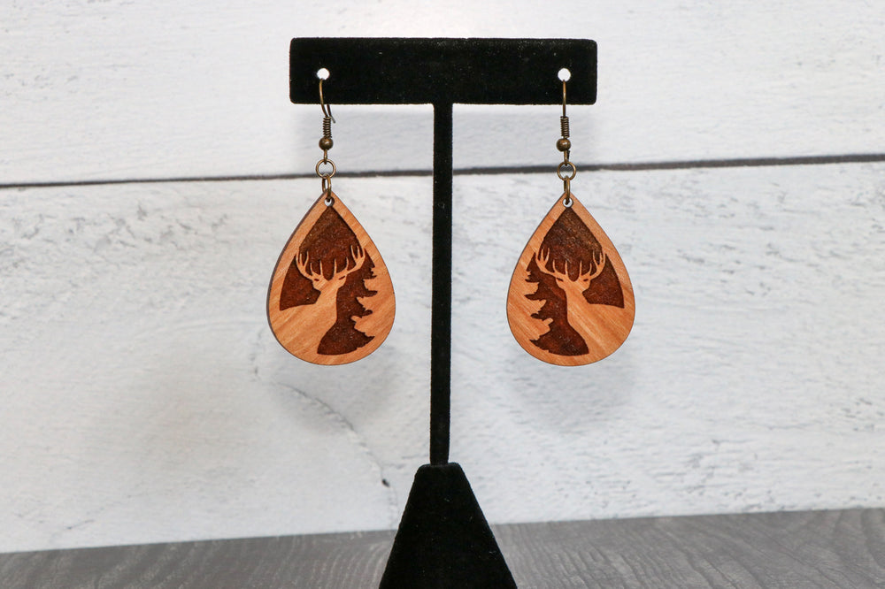 Deer in Forest Engraved Wood Earrings