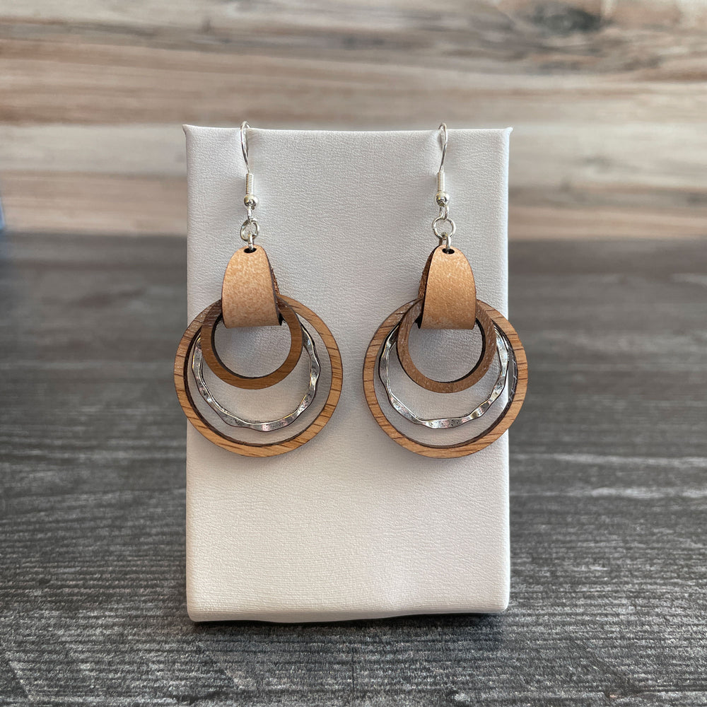 Wood and Leather Hoop Earrings with metal accent