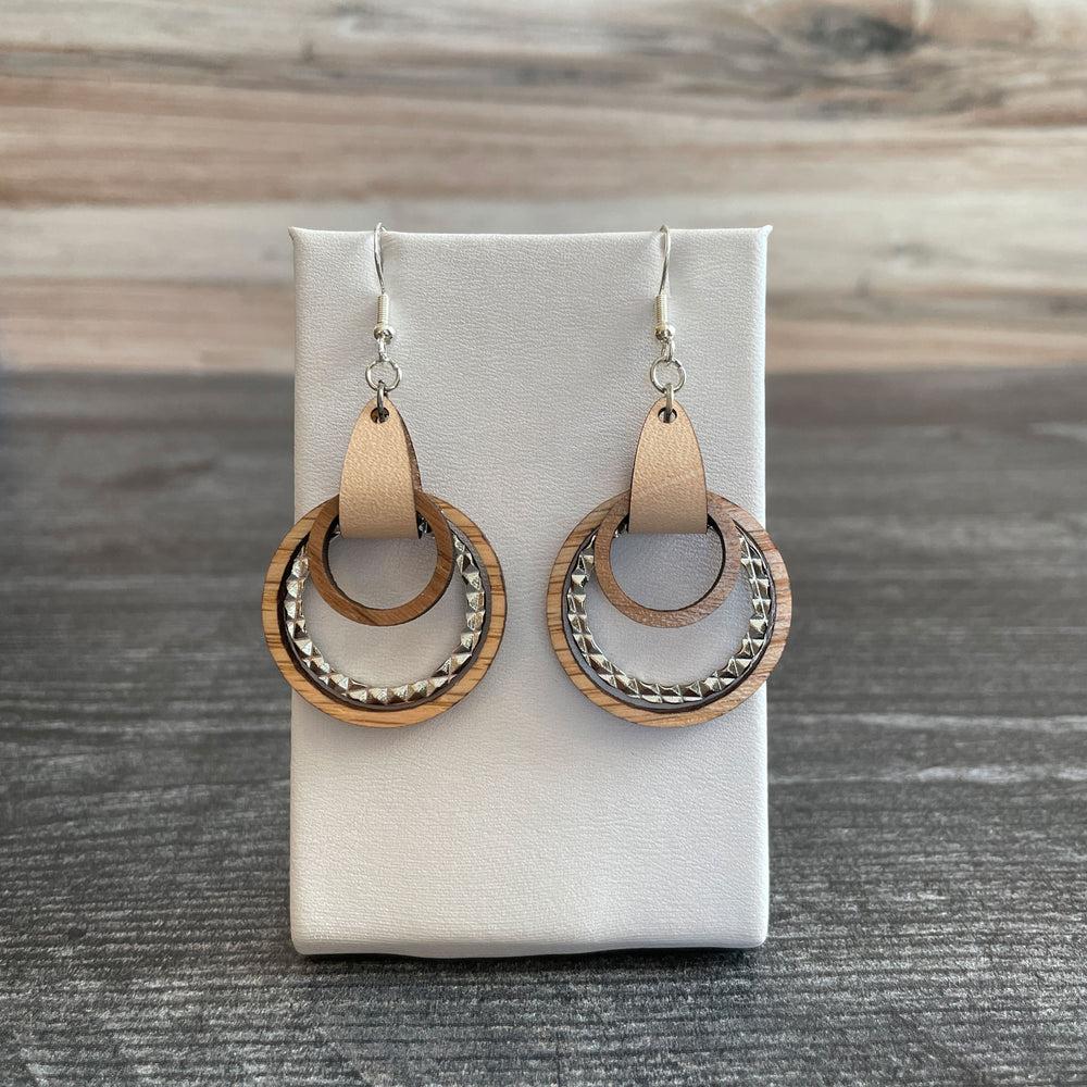 Wood and Leather Hoop Earrings with textured metal accent