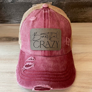 
                  
                    Beautiful Crazy | Women's Distressed Pony Cap with Engraved Leather Patch
                  
                