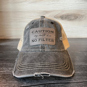 
                  
                    Caution No Filter | Distressed Cap with Engraved Leather Patch
                  
                