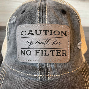
                  
                    Caution No Filter | Distressed Cap with Engraved Leather Patch
                  
                
