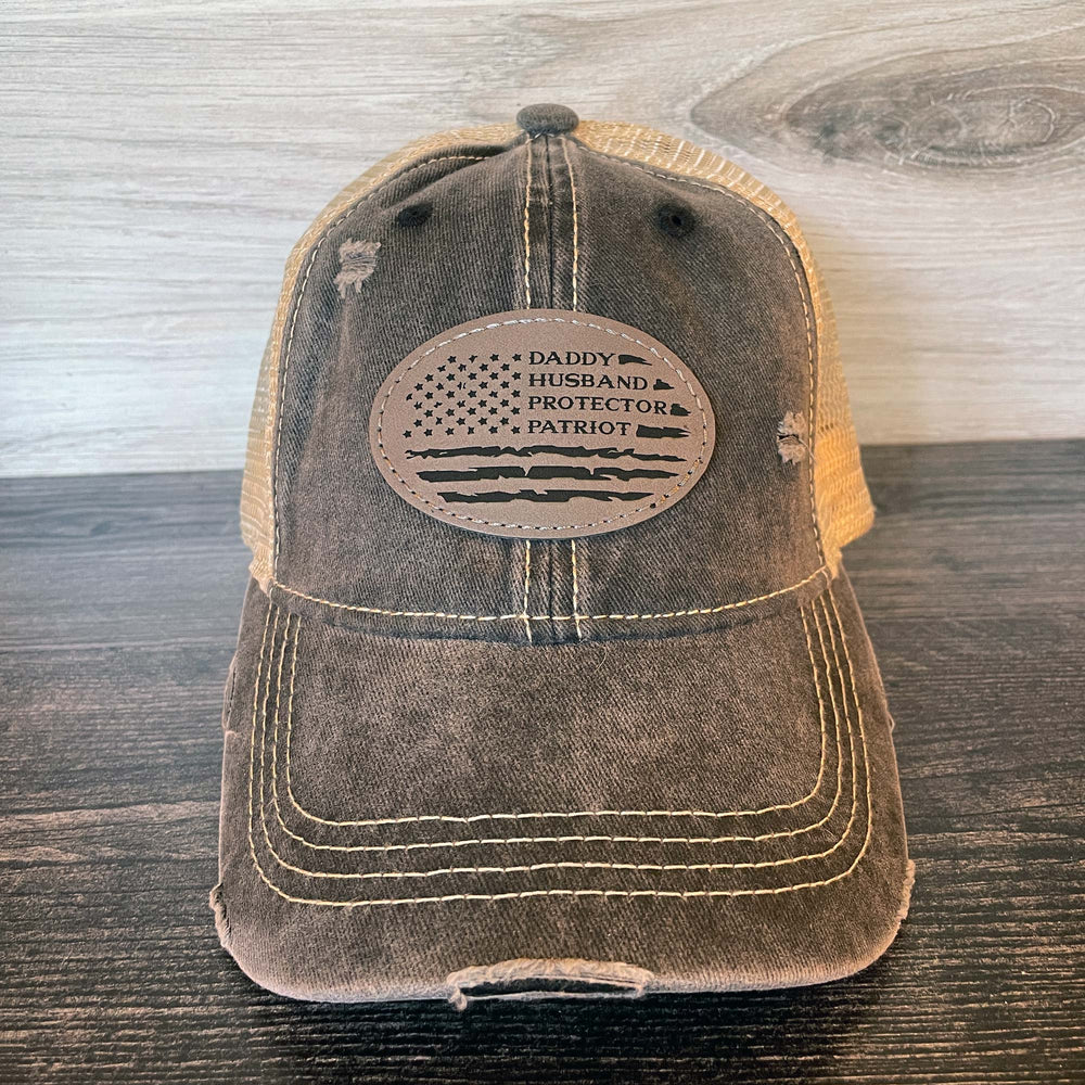 Daddy Husband Protector Patriot | Distressed Cap with Engraved Leather Patch