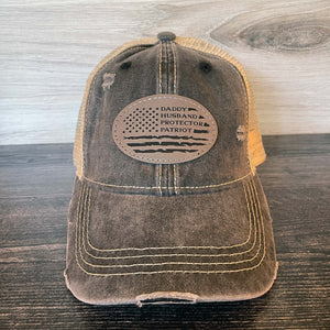 
                  
                    Daddy Husband Protector Patriot | Distressed Cap with Engraved Leather Patch
                  
                