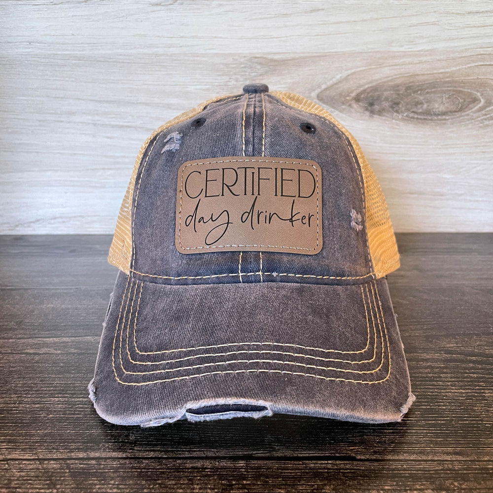 Certified Day Drinker | Distressed Cap with Engraved Leather Patch