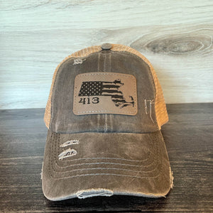 
                  
                    Massachusetts Area Code | Distressed Cap with Engraved Leather Patch
                  
                