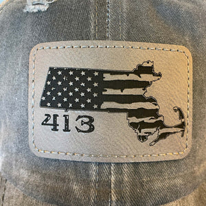 
                  
                    Massachusetts Area Code | Distressed Cap with Engraved Leather Patch
                  
                