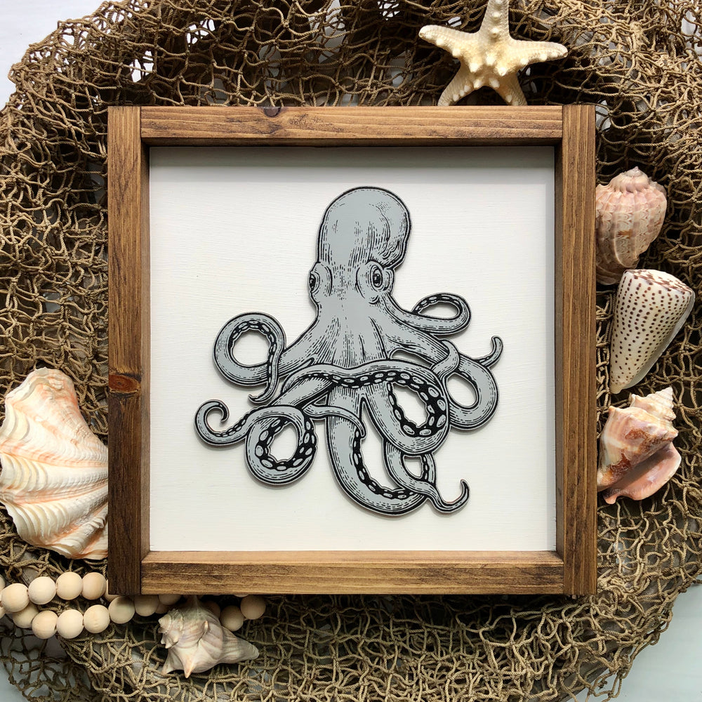 Octopus | Under The Sea | Framed Laser Wood Sign | 12x12