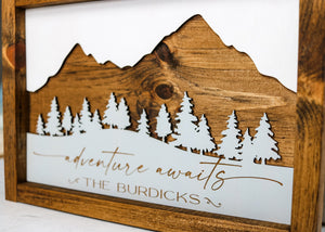 
                  
                    Adventure Awaits Personalized Wood Sign  | Engraved Family Name Wood Sign
                  
                