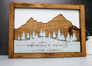 
                  
                    Adventure Awaits Personalized Wood Sign  | Engraved Family Name Wood Sign
                  
                