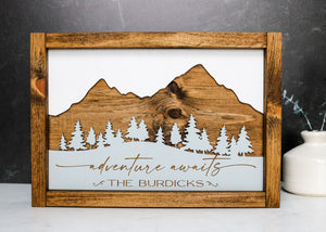 
                  
                    Adventure Awaits Personalized Wood Sign  | Engraved Family Name Wood Sign
                  
                