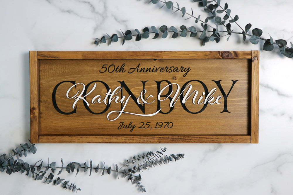 Engraved Family Name Sign | Anniversary Sign | Wedding Sign | New Home | Framed Laser Wood Sign | 20x10