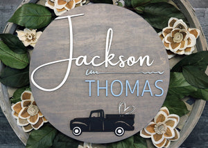 
                  
                    Personalized Name Sign | 12" Round Nursery Sign | Vintage Truck
                  
                