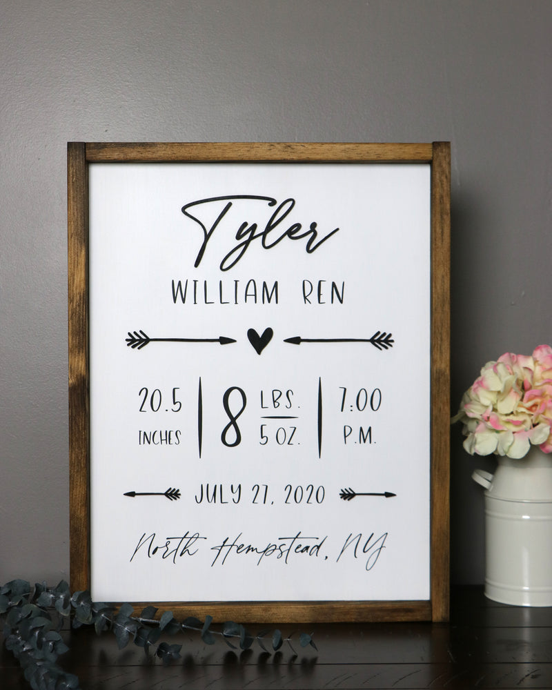 Personalized Nursery Birth Stats Sign | Framed Laser Wood Sign | 16x20