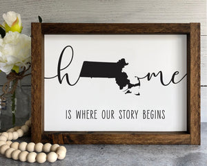 
                  
                    Home Is Where Our Story Begins | Custom Home State Framed Wood Sign | 12x9
                  
                