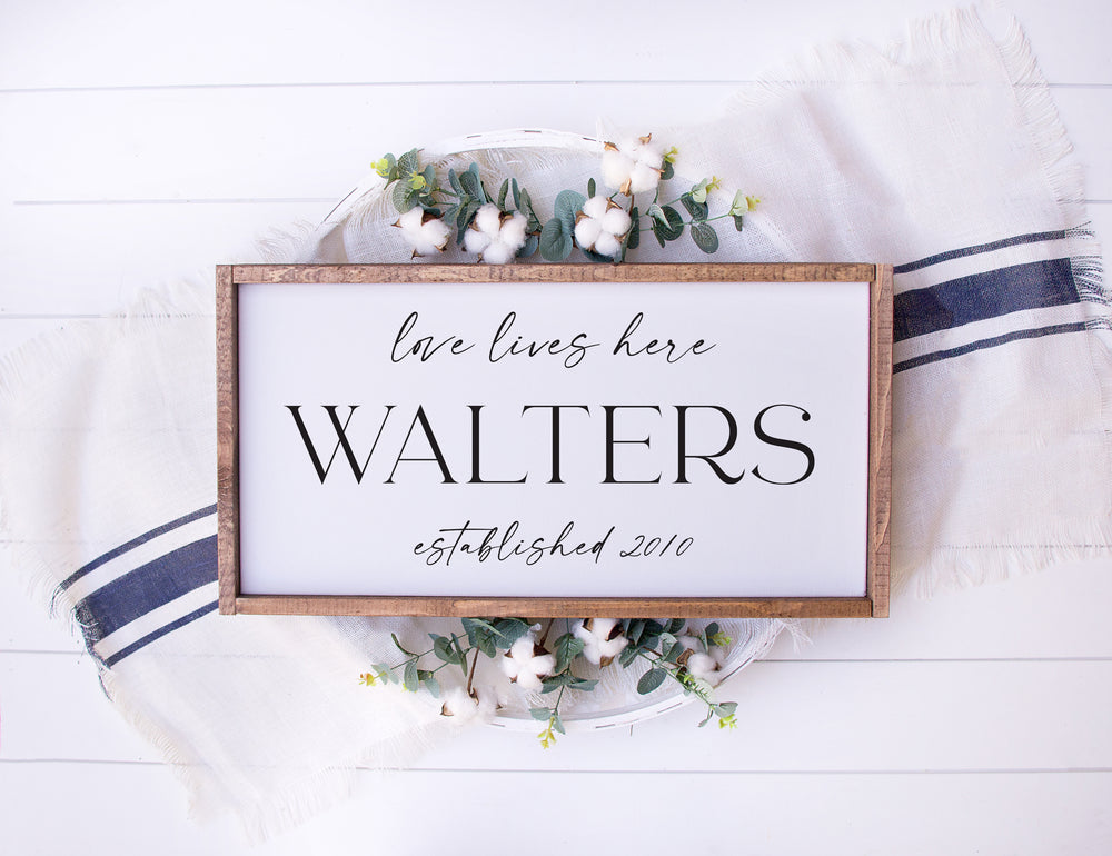 Love Lives Here | Personalized Family Name & Established Framed Wood Sign | Multiple Sizes Available