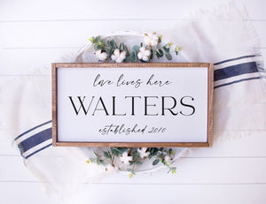 
                  
                    Love Lives Here | Personalized Family Name & Established Framed Wood Sign | Multiple Sizes Available
                  
                