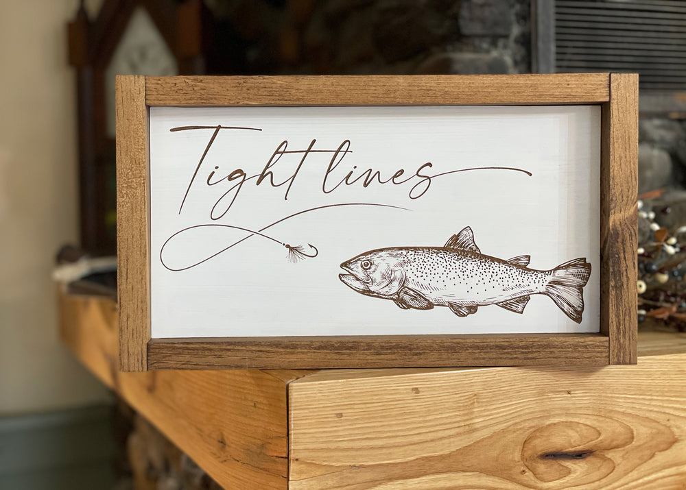 
                  
                    Tight Lines | Fly Fishing Theme with Trout | Engraved Wood Sign
                  
                