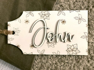 
                  
                    3D Name Stocking Tag with Engraved Holiday Design | Multiple Name Colors Available
                  
                
