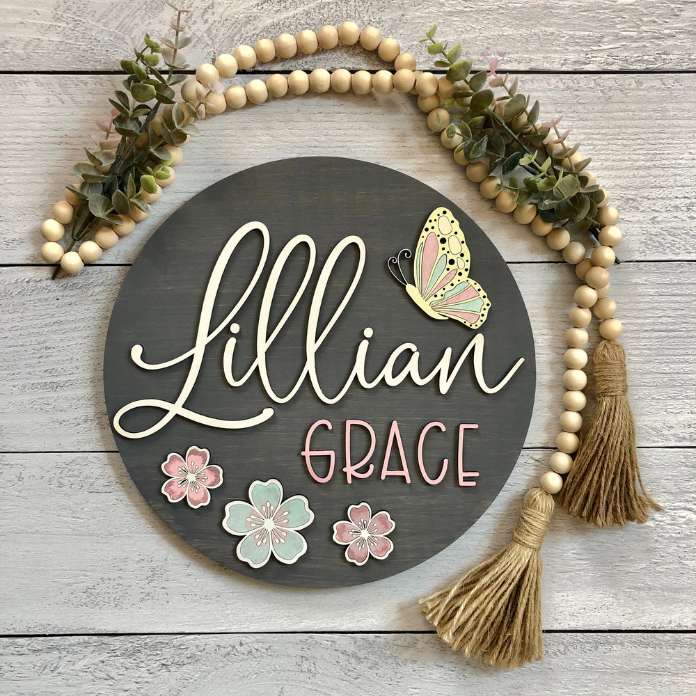 Personalized Nursery Sign | Baby Girl | Flowers & Butterfly | 12