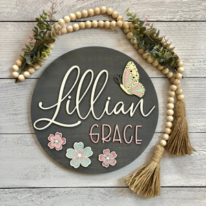 
                  
                    Personalized Nursery Sign | Baby Girl | Flowers & Butterfly | 12" round
                  
                