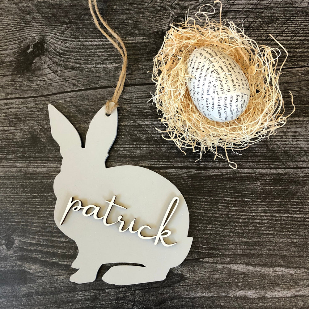 
                  
                    Wooden Easter Basket Tag | Personalized Laser Cut Bunny Tag
                  
                
