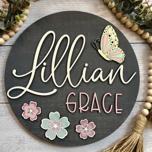 
                  
                    Personalized Nursery Sign | Baby Girl | Flowers & Butterfly | 12" round
                  
                
