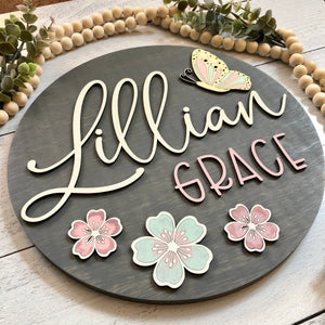 
                  
                    Personalized Nursery Sign | Baby Girl | Flowers & Butterfly | 12" round
                  
                