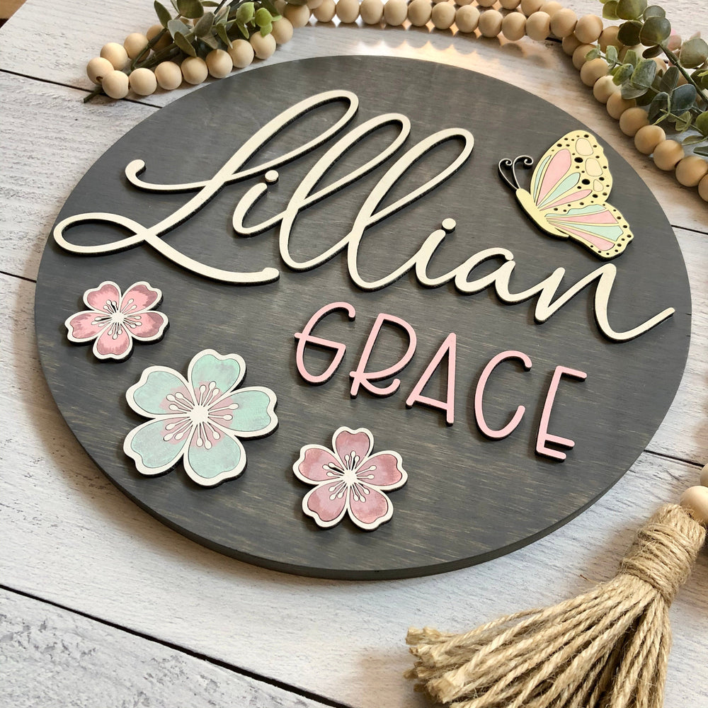 
                  
                    Personalized Nursery Sign | Baby Girl | Flowers & Butterfly | 12" round
                  
                