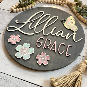 
                  
                    Personalized Nursery Sign | Baby Girl | Flowers & Butterfly | 12" round
                  
                