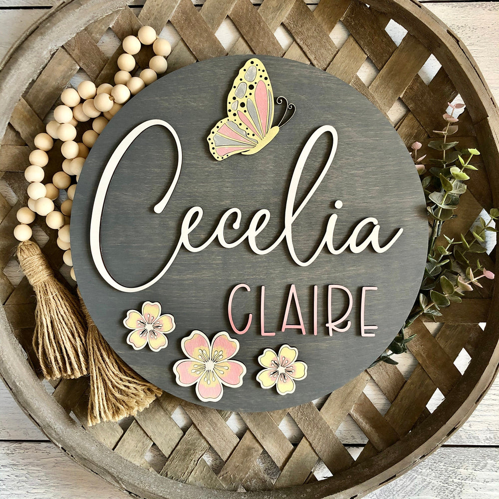 
                  
                    Personalized Nursery Sign | Baby Girl | Flowers & Butterfly | 12" round
                  
                