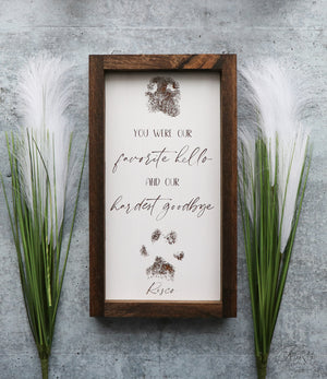 
                  
                    You Were Our Favorite Hello and Our Hardest Goodbye | Pet Memorial | Framed Laser Wood Sign | 8x14
                  
                